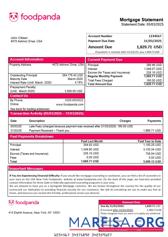 Realistic USA New York Foodpanda mortgage statement in Word and PDF formats real example